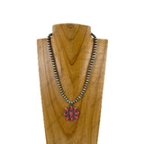 NKY251231-94                      16'' silver Navajo pearl beads with hot pink flower concho pendent Necklace