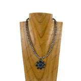 NKY251231-94                      16'' silver Navajo pearl beads with hot pink flower concho pendent Necklace