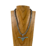 NKY260108-04                 18'' 8mm silver Navajo pearl beads with blue turquoise stone Longhorn Pendent Necklace