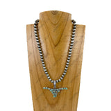 NKY260108-04                 18'' 8mm silver Navajo pearl beads with blue turquoise stone Longhorn Pendent Necklace