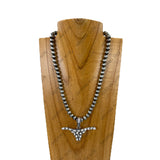 NKY260108-04                 18'' 8mm silver Navajo pearl beads with blue turquoise stone Longhorn Pendent Necklace