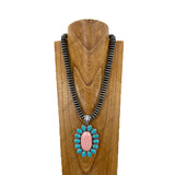 NKY260108-22                 24'' 14mm Silver roundel Navajo pearl beads with large oval blue and pink turquoise stone pendent Necklace