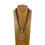 NKY260108-22                 24'' 14mm Silver roundel Navajo pearl beads with large oval blue and pink turquoise stone pendent Necklace