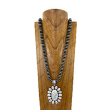 NKY260108-24                    34'' 14mm Silver roundel Navajo pearl beads with large oval white turquoise stone pendent Necklace