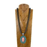 NKY260108-24                    34'' 14mm Silver roundel Navajo pearl beads with large oval white turquoise stone pendent Necklace