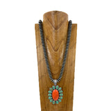 NKY260108-24                    34'' 14mm Silver roundel Navajo pearl beads with large oval white turquoise stone pendent Necklace