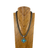 NKY260118-05                     24'' Silver roundel Navajo pearl beads with blue turquoise stone cross pendent Necklace