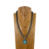 NKY260118-05                     24'' Silver roundel Navajo pearl beads with blue turquoise stone cross pendent Necklace