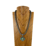 NKY260118-08                   24'' Silver roundel Navajo pearl beads with green turquoise stone cross pendent Necklace