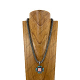 NKY260118-08                   24'' Silver roundel Navajo pearl beads with green turquoise stone cross pendent Necklace