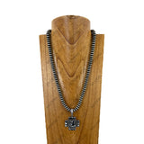 NKY260118-10                     24'' Silver roundel Navajo pearl beads with black stone cross pendent Necklace