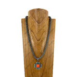 NKY260118-10                     24'' Silver roundel Navajo pearl beads with black stone cross pendent Necklace