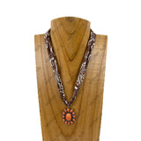 NKY260120-01                     16'' Silk feeling scarf with oval orange stone pendent Necklace