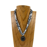 NKY260120-02                      16'' Silk feeling scarf with oval black stone pendent Necklace