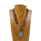 NKY260120-04                16'' Silk feeling scarf with oval blue turquoise stone pendent Necklace