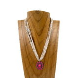 NKY260120-06                 16'' Silk feeling scarf with oval hot pink turquoise stone pendent Necklace