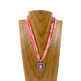 NKY260120-08               16'' Silk feeling scarf with oval light pink turquoise stone pendent Necklace