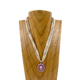 NKY260120-10                16'' Silk feeling scarf with oval light pink turquoise stone pendent Necklace