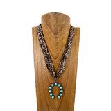 NKY260120-24                21'' Silk feeling scarf with blue turquoise stone horse shoe pendent Necklace