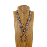 NKY260120-26               21'' Silk feeling scarf with orange turquoise stone horse shoe pendent Necklace