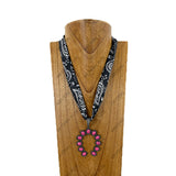 NKY260120-28               21'' Silk feeling scarf with hot pink turquoise stone horse shoe pendent Necklace