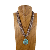 NKY260120-30              21'' Silk feeling scarf with blue turquoise stone tear drop pendent Necklace