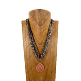 NKY260120-32              21'' Silk feeling scarf with orange turquoise stone tear drop pendent Necklace
