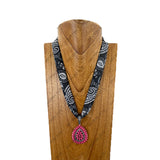 NKY260120-33              21'' Silk feeling scarf with hot pink turquoise stone tear drop pendent Necklace