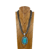 NKY260121-01                24'' triple silver Navajo pearl beads strings with large oval blue turquoise stone pendent Necklace