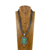 NKY260121-01                24'' triple silver Navajo pearl beads strings with large oval blue turquoise stone pendent Necklace
