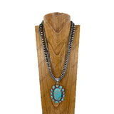 NKY260121-05                 24'' triple silver Navajo pearl beads strings with large oval blue and brown turquoise stone pendent Necklace