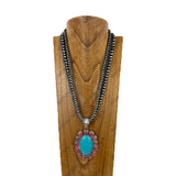 NKY260121-05                 24'' triple silver Navajo pearl beads strings with large oval blue and brown turquoise stone pendent Necklace