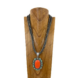 NKY260121-05                 24'' triple silver Navajo pearl beads strings with large oval blue and brown turquoise stone pendent Necklace