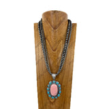 NKY260121-05                 24'' triple silver Navajo pearl beads strings with large oval blue and brown turquoise stone pendent Necklace