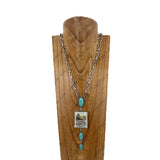 NKY260307-01           30‘’ silver metal chain with blue turquoise stone and rectangle western picture frame pendent Necklace
