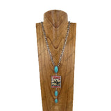 NKY260307-02           30‘’ silver metal chain with blue turquoise stone and rectangle western picture frame pendent Necklace