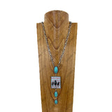 NKY260307-03           30‘’ silver metal chain with blue turquoise stone and rectangle western picture frame pendent Necklace