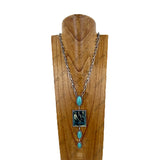 NKY260307-04     30‘’ silver metal chain with blue turquoise stone and rectangle western picture frame pendent Necklace