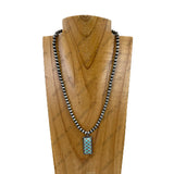 NKY260307-10                18‘’ silver Navajo pearl beads with green checkerboard pendent Necklace