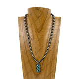 NKY260307-11               18‘’ silver Navajo pearl beads with blue checkerboard pendent Necklace