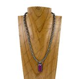 NKY260307-12               18‘’ silver Navajo pearl beads with hot pink checkerboard pendent Necklace