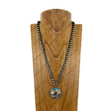 NKY260307-14         23'' Silver Navajo pearl beads with round western picture frame pendent Necklace