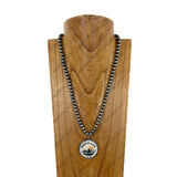 NKY260307-15         23'' Silver Navajo pearl beads with round western picture frame pendent Necklace