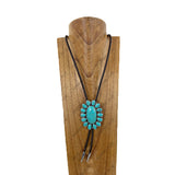 NKY260328-01          Dark brown leather string with large blue oval turquoise pendant adjustable Necklace