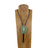 NKY260328-02           Dark brown leather string with large green oval turquoise pendant adjustable Necklace