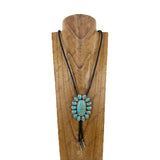 NKY260328-04            Dark brown leather string with large blue and brown oval turquoise stone pendant adjustable Necklace