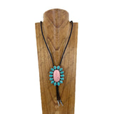 NKY260328-05           Dark brown leather string with large blue and pink oval turquoise stone pendant adjustable Necklace