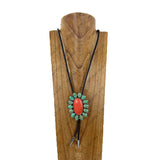 NKY260328-06         Dark brown leather string with large green and orange oval turquoise stone pendant adjustable Necklace