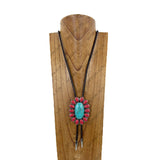 NKY260328-07       Dark brown leather string with large red and blue oval turquoise stone pendant adjustable Necklace