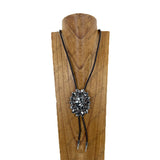 NKY260328-08       Dark brown leather string with large black and white oval turquoise stone pendant adjustable Necklace